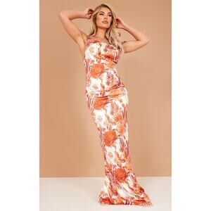 Pretty Little Thing Orange Floral Print Satin Cowl Neck Maxi Dress Size 8